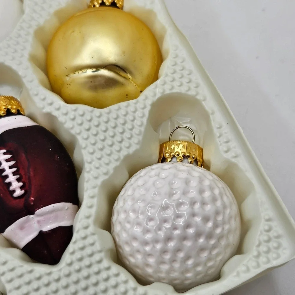 Vintage Glass Sports Ball Christmas Ornaments Set of 6 Football Soccer Golf